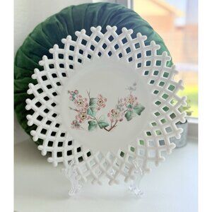 Challinor Taylor milk glass 1880’s Lattice Edge Painted Cherry blossom 10” plate